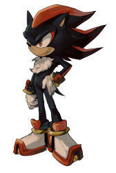Rule 34 | aoki (fumomo), bad id, bad pixiv id, frown, full body, furry, furry male, gloves, hand on own hip, male focus, shadow the hedgehog, solo, sonic (series), standing, white background