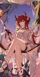 Rule 34 | 1girl, absurdres, arknights, bare legs, bare shoulders, bikini, chinese commentary, commentary request, crossed legs, foot out of frame, hair between eyes, hair rings, hand up, highres, horns, long hair, looking at viewer, outdoors, purple eyes, red hair, sandals, sitting, solo, stomach, surtr (arknights), surtr (colorful wonderland) (arknights), swimsuit, thigh strap, thighs, very long hair, yajuu
