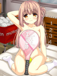 Rule 34 | 1girl, aoi akua, arm behind head, ball, blush, brand name imitation, breasts, brown hair, convenient censoring, groin, gym storeroom, head (company), large breasts, long hair, looking at viewer, mat, molten (company), nude, original, racket, sitting, smile, socks, solo, tennis ball, tennis racket, vaulting horse, volleyball, volleyball (object), wariza, white socks