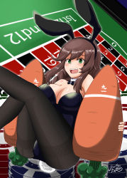 Rule 34 | 1girl, alternate costume, alternate hairstyle, animal ears, black leotard, black pantyhose, blue bow, blue bowtie, bow, bowtie, braid, breasts, brown hair, carrot-shaped pillow, casino, casino card table, covered navel, detached collar, fake animal ears, fake tail, green eyes, hair between eyes, highres, kaminashi yamato, kantai collection, large breasts, leotard, noshiro (kancolle), open mouth, pantyhose, playboy bunny, poker chip, rabbit ears, rabbit tail, roulette table, sitting, solo, strapless, strapless leotard, table, tail, twin braids, wrist cuffs