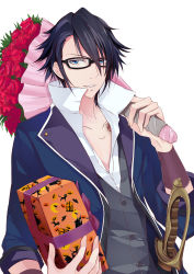 Rule 34 | 10s, 1boy, aki ii, black hair, blue eyes, bouquet, box, collarbone, flower, fushimi saruhiko, gift, glasses, highres, k-project, male focus, open clothes, open shirt, popped collar, shirt, solo, sword, weapon