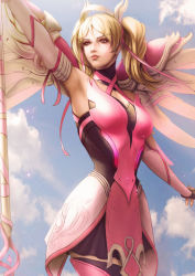 Rule 34 | 1girl, absurdres, alternate costume, alternate eye color, alternate hairstyle, armpits, bare shoulders, blonde hair, blue sky, breasts, brown eyes, cloud, cloudy sky, cowboy shot, criss-cross halter, day, dress, gloves, hair ribbon, halo, halterneck, highres, holding, holding staff, lips, looking to the side, mechanical halo, mechanical wings, medium breasts, mercy (overwatch), nose, outdoors, outstretched arm, overwatch, overwatch 1, pink dress, pink mercy, pink ribbon, pink wings, ribbon, sky, solo, staff, sunlight, twintails, vincent andrada, wings