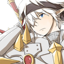 Rule 34 | 1boy, armor, black headband, blue eyes, breastplate, chainmail, closed mouth, commentary request, expressionless, gauntlets, hair between eyes, hair over one eye, headband, holding, holding sword, holding weapon, looking afar, male focus, natsuya (kuttuki), pauldrons, pointy ears, ragnarok online, rune knight (ragnarok online), short hair, shoulder armor, simple background, solo, spiked pauldrons, sword, upper body, weapon, white background