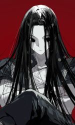 Rule 34 | 1boy, 9boksen, absurdres, black eyes, black hair, black pants, commentary, cowboy shot, crossed arms, crossed legs, expressionless, fingernails, highres, hunter x hunter, illumi zoldyck, long hair, looking to the side, male focus, pants, red background, short sleeves, sidelocks, simple background, sitting, solo