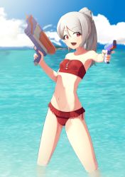 Rule 34 | 1girl, aiming, bad id, bad pixiv id, bikini, bikini day, blurry, blurry background, breasts, day, eyes visible through hair, frilled bikini, frills, gun, highres, holding, holding gun, holding weapon, navel, ocean, original, outdoors, ponytail, putcher, red eyes, silver hair, small breasts, solo, strapless, swimsuit, virtual youtuber, wading, water gun, weapon