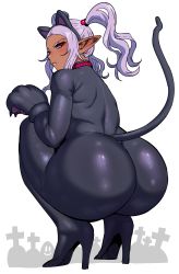 Rule 34 | 1girl, :3, animal ears, ass, black bodysuit, bodysuit, cat ears, cat tail, catsuit, dark-skinned female, dark skin, elf-san wa yaserarenai., fake animal ears, female focus, high heels, highres, huge ass, kuroeda (elf-san wa yaserarenai.), long hair, looking back, mole, mole under eye, paw pose, ponytail, red eyes, silver hair, simple background, solo, squatting, synecdoche, tail, thick thighs, thighs, white background