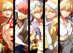 Rule 34 | arabian clothes, blonde hair, comiket 93, commentary request, earrings, emiya shirou, fate/grand order, fate/stay night, fate (series), gilgamesh, gilgamesh (caster) (fate), gilgamesh (fate), hair between eyes, jewelry, looking at viewer, male focus, multiple boys, natsuko (bluecandy), official alternate costume, open mouth, red eyes, red hair, short hair, smile, yellow eyes