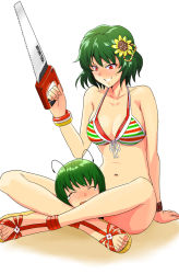 Rule 34 | 2girls, antennae, arm support, between thighs, bikini, blush, breasts, cleavage, closed eyes, feet, female focus, flower, front-tie top, green hair, grin, hair flower, hair ornament, hairpin, hand saw, headlock, indian style, kazami yuuka, large breasts, layered bikini, multicolored bikini, multicolored clothes, multicolored stripes, multiple girls, nail polish, navel, red eyes, revision, sandals, saw, sitting, smile, striped bikini, striped clothes, sunflower, sunflower hair ornament, swimsuit, swimsuit under swimsuit, tears, toenail polish, toenails, touhou, tsurui, wriggle nightbug