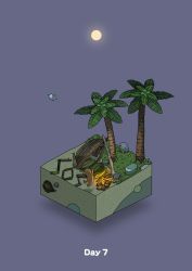Rule 34 | bird, boulder, campfire, commentary request, diorama, fire, full moon, gozz, highres, isometric, jumping, leaf, moon, night, original, palm leaf, palm tree, purple background, shipwreck, skull, sos, treasure chest, tree