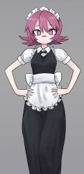 Rule 34 | 1girl, apron, asutoro (s--t), bandaid, bandaid on face, bandaid on nose, black dress, bow, bowtie, bright pupils, dress, female focus, grey background, hands on own hips, highres, looking at viewer, maid, maid apron, maid headdress, original, pink eyes, pink hair, puffy short sleeves, puffy sleeves, short hair, short sleeves, simple background, solo, white pupils