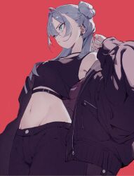 Rule 34 | 1girl, aqua eyes, belt, black jacket, black pants, black tank top, closed mouth, cowboy shot, crop top, cross, cross necklace, ear piercing, earrings, grey hair, groin, hair bun, hashtag-only commentary, highres, jacket, jewelry, kago (wall io), long hair, looking ahead, midriff, navel, necklace, off shoulder, open clothes, open jacket, original, pants, piercing, red background, simple background, solo, tank top