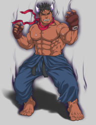 Rule 34 | 1boy, abs, bara, barefoot, black sclera, character request, clothes down, colored sclera, dark-skinned male, dark skin, dougi, fighting stance, fingerless gloves, full body, gloves, glowing horns, horns, large pectorals, male focus, muscular, muscular male, navel, nipples, pectorals, purple horns, red eyes, short hair, sideburns, solo, stomach, street fighter, tetsu (kurotetsu1379), topless male
