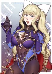 Rule 34 | 1girl, black gloves, blonde hair, blunt bangs, blush, bodystocking, breasts, cape, capelet, charlotte (fire emblem), coin, commission, cosplay, elbow gloves, fire emblem, fire emblem fates, fur-trimmed capelet, fur trim, genshin impact, gloves, gold trim, highleg, highleg leotard, highres, hiomaika, large breasts, leotard, long hair, mona (genshin impact), mona (genshin impact) (cosplay), nintendo, open mouth, smile, solo, strapless, strapless leotard, thighlet, twintails, twitter username