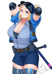 Rule 34 | 1girl, adjusting hair, arms behind head, arms up, bad id, bad pixiv id, baseball cap, belt, blonde hair, blue belt, blue eyes, blue hat, blue jacket, blue shirt, blue thighhighs, breasts, brown belt, collarbone, collared shirt, cowboy shot, elbow pads, eyewear on headwear, hat, highres, jacket, large breasts, lucia morgan, mouth hold, police, police badge, police uniform, policewoman, shirofugu, shirt, short sleeves, solo, standing, street fighter, street fighter v, striped clothes, striped thighhighs, thighhighs, uniform, vertical-striped clothes, vertical-striped thighhighs