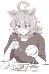 Rule 34 | 1girl, agnes tachyon (umamusume), ahoge, animal ears, blush, bowl, closed mouth, commentary request, eating, food, food on face, greyscale, hair between eyes, highres, holding, holding bowl, horse ears, horse girl, meat, miya nns35, monochrome, rice, short hair, short sleeves, simple background, smile, solo, soup, umamusume, white background