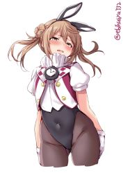 Rule 34 | 1girl, alice in wonderland, animal ears, black leotard, black pantyhose, blouse, blush, bow, bowtie, breasts, covered navel, detached collar, double bun, ebifurya, embarrassed, fake animal ears, from below, gloves, hair between eyes, hair bun, highres, kantai collection, leotard, light brown hair, looking at viewer, looking down, michishio (kancolle), one-hour drawing challenge, open mouth, pantyhose, playboy bunny, pocket watch, rabbit ears, rabbit tail, shirt, short sleeves, short twintails, simple background, small breasts, solo, standing, tail, twintails, watch, wavy mouth, white background, white gloves, white shirt, wrist cuffs, yellow eyes