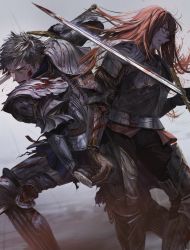 Rule 34 | 1boy, 1girl, absurdres, angry, armor, armored boots, back-to-back, black hair, blood, blood on face, bloody weapon, boots, breastplate, brown hair, clenched teeth, fantasy, female knight, fighting stance, focused, fog, gauntlets, highres, holding, holding sword, holding weapon, knight, legs apart, long hair, open mouth, original, pauldrons, plate armor, profile, short hair, shoulder armor, sword, syo5, teeth, weapon
