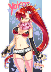 Rule 34 | 00s, 1girl, ;p, bikini, bikini top only, breasts, cleavage, elbow gloves, gloves, lingerie, long hair, one eye closed, ponytail, red hair, scarf, short shorts, shorts, solo, striped clothes, striped scarf, swimsuit, tengen toppa gurren lagann, thighhighs, tongue, tongue out, underwear, very long hair, wink, yoko littner