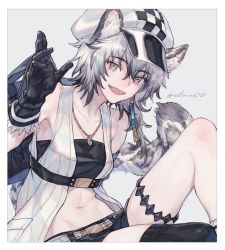Rule 34 | 1girl, :d, animal ears, arknights, armpit peek, bandeau, belt, black gloves, black hair, black shorts, black thighhighs, breasts, cabbie hat, cliffheart (arknights), commentary, earrings, elmar, fang, gloves, grey background, grey eyes, hair between eyes, hat, jacket, jewelry, leopard ears, leopard tail, looking at viewer, midriff, multicolored hair, navel, necklace, open mouth, pendant, short hair, short shorts, shorts, silver hair, simple background, single earring, single thighhigh, sitting, sleeveless, sleeveless jacket, small breasts, smile, solo, strapless, tail, tassel, tassel earrings, thigh strap, thighhighs, thighs, tube top, twitter username, two-tone hair, waving, white hat, white jacket