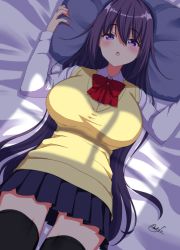 Rule 34 | 1girl, black hair, black thighhighs, blush, bow, breasts, dutch angle, gluteal fold, highres, large breasts, long hair, looking at viewer, lying, mokufuu, on back, original, pillow, pleated skirt, purple eyes, red bow, shirt, signature, skirt, solo, sweater vest, thighhighs, white shirt
