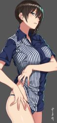 Rule 34 | 10s, 1girl, alternate costume, arm at side, artist name, bare arms, blouse, blue eyes, blue panties, breast hold, breasts, brown hair, clothes lift, cowboy shot, employee uniform, eyebrows, from side, grey background, hair between eyes, hand on own hip, head tilt, kaga (kancolle), kantai collection, lawson, lifted by self, looking at viewer, medium breasts, panties, parted lips, ponytail, shirt, shirt lift, short hair, short sleeves, side ponytail, signature, simple background, skindentation, solo, sora yoshitake yuda, standing, striped clothes, striped shirt, thighs, twitter username, underwear, uniform, vertical-striped clothes, vertical-striped shirt