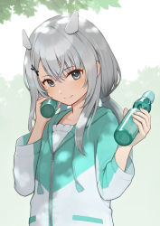 Rule 34 | 1girl, alternate costume, blush, bottle, grey eyes, grey hair, hair between eyes, hair ornament, headgear, highres, holding, holding bottle, i-201 (kancolle), jacket, kantai collection, long hair, long sleeves, looking at viewer, low twintails, porupurucha, ramune, smile, solo, tassel, twintails, upper body, x hair ornament