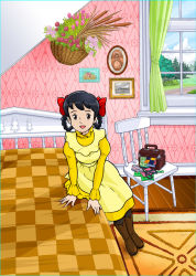 Rule 34 | 1girl, anne of green gables, apron, bed, bed sheet, bedroom, black hair, blue sky, boots, bow, braid, brown eyes, bush, chair, cloud, collar, curtains, diana barry, dress, female focus, floor, flower, frills, hair ornament, indoors, leggings, lim, long sleeves, looking at viewer, braided hair rings, open mouth, picture frame, road, rug, scissors, sitting, sky, smile, tools, tree, window, world masterpiece theater, yellow dress