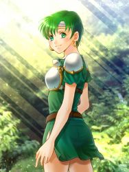 Rule 34 | 1girl, armor, bad id, bad twitter id, breastplate, day, earrings, fee (fire emblem), fire emblem, fire emblem: genealogy of the holy war, forest, green eyes, green hair, hanasaki komugi, headband, indoors, jewelry, looking at viewer, nature, nintendo, outdoors, pauldrons, shoulder armor, skirt, smile, solo, twitter username