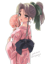 Rule 34 | 1girl, brown eyes, brown hair, dated, from behind, green ribbon, hair intakes, hand fan, japanese clothes, jintsuu (kancolle), kantai collection, kimono, kitagawa mikio, long hair, looking at viewer, looking back, obi, official alternate costume, one-hour drawing challenge, paper fan, pink kimono, ponytail, ribbon, sash, simple background, solo, twitter username, uchiwa, white background