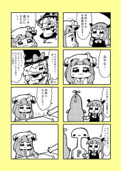 Rule 34 | 3girls, 4koma, :3, apron, arms up, bkub, braid, comic, crescent, crescent hair ornament, grin, hair ornament, hair ribbon, halftone, hat, head wings, highres, kirisame marisa, koakuma, lips, long hair, mob cap, monochrome, multiple 4koma, multiple girls, paper, patchouli knowledge, ribbon, simple background, single braid, smile, sweatdrop, table, touhou, tress ribbon, two-tone background, wings, witch hat, yellow theme