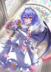Rule 34 | 1girl, bare shoulders, bat wings, blue hair, bouquet, breasts, bride, cleavage, commentary request, dress, elbow gloves, fang, flower, gloves, highres, holding, holding bouquet, indoors, looking at viewer, medium breasts, mizunisabano, red eyes, remilia scarlet, shirt, short hair, skirt, slit pupils, solo, stained glass, touhou, wedding dress, white gloves, white shirt, white skirt, wings