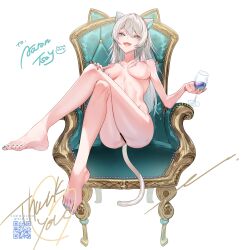 Rule 34 | 1girl, aarontsay, animal ear fluff, animal ears, aqua nails, ass, bar censor, barefoot, breasts, cat girl, cat tail, censored, chair, completely nude, crossed legs, cup, drinking glass, easy chair, enshou (namarien), gold footwear, high heels, highres, holding, holding cup, indie virtual youtuber, large breasts, looking at viewer, mosaic censoring, nude, pussy, second-party source, shoes, sitting, solo, tail, thank you, toes, virtual youtuber, white hair, wine glass