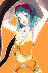 Rule 34 | 1girl, armpits, arms up, belt, blush, bra, bra on head, female focus, frills, gathers, goggles, green eyes, green hair, gumi, harano, headset, lingerie, looking at viewer, matching hair/eyes, object on head, open mouth, orange background, red bra, short hair, skirt, smile, solo, underwear, vocaloid, wing collar, wrist cuffs