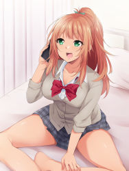 Rule 34 | 1girl, barefoot, bed, blush, bow, bowtie, breasts, cellphone, feet, female focus, from above, green eyes, high ponytail, highres, holding, holding phone, indoors, kaiga, large breasts, legs, long hair, looking at viewer, nose blush, on bed, open mouth, orange hair, original, phone, pillow, ponytail, red bow, school uniform, sitting, skirt, smile, solo, talking on phone, thighs