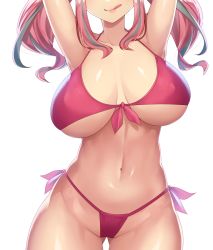 Rule 34 | 1girl, :q, alternate costume, armpits, azur lane, bare shoulders, bikini, blush, breasts, bremerton (azur lane), covered erect nipples, curvy, front-tie top, grey hair, hair ornament, highres, huge breasts, long hair, looking at viewer, multicolored hair, navel, pink bikini, pink hair, shiny skin, side-tie bikini bottom, simple background, solo, streaked hair, swimsuit, takurowo, thighs, tongue, tongue out, twintails, white background