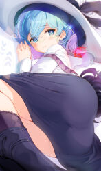 Rule 34 | 1girl, ass, blue eyes, blue hair, blush, boots, bow, breasts, bright pupils, closed mouth, from side, gem hair ornament, hair ornament, hat, hat bow, highres, kneehighs, komone ushio, light blue hair, light blush, long sleeves, looking at viewer, lying, medium breasts, on bed, on side, original, own hands clasped, own hands together, ponytail, purple bow, purple footwear, purple skirt, purple socks, shirt, short hair, skirt, smile, socks, solo, sun hat, thighhighs, thighs, white hat, white pupils, white shirt