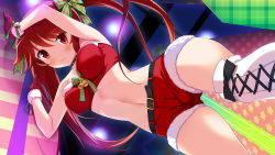 Rule 34 | 1girl, arms up, bare shoulders, bell, belt, blush, bow, collar, collarbone, female focus, game cg, gloves, hair bow, hair ornament, idol wars z, looking at viewer, midriff, navel, red eyes, red gloves, red hair, red shorts, santa costume, shorts, smile, solo, spread legs, twintails