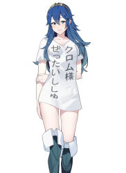 Rule 34 | 1girl, alternate costume, ameno (a meno0), blue eyes, blue footwear, blue hair, blush, boots, closed mouth, collarbone, fire emblem, fire emblem awakening, long hair, looking at viewer, lucina (fire emblem), naked shirt, nintendo, shirt, short sleeves, simple background, smile, solo, tiara, translation request, white background, white shirt