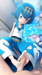 Rule 34 | 3d, arm support, barefoot, blue eyes, blue hair, blue pants, blue sailor collar, bright pupils, capri pants, clothed female nude male, collarbone, commentary, corsola, creatures (company), dutch angle, english commentary, fishing rod, footjob, freckles, game freak, gen 2 pokemon, gen 7 pokemon, greatm8, hairband, highres, lana (pokemon), nintendo, no sclera, nude, one-piece swimsuit, outdoors, pants, parted lips, penis, photoshop (medium), pokemon, pokemon (creature), pokemon sm, popplio, precum, reclining, sailor collar, shirt, short hair, sitting, sleeveless, sleeveless shirt, soles, source filmmaker (medium), swimsuit, swimsuit under clothes, uncensored, wave print, white pupils, white shirt, yellow hairband