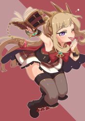 Rule 34 | 1girl, :p, armpits, basukechi, black thighhighs, blonde hair, book, boots, brown footwear, cagliostro (granblue fantasy), cape, closed mouth, frilled skirt, frills, full body, granblue fantasy, highres, holding, holding book, long hair, one eye closed, purple eyes, red background, skirt, sleeveless, smile, solo, thighhighs, tiara, tongue, tongue out, two-tone background, wink, wristband