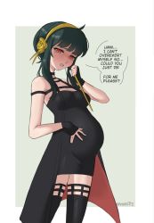 Rule 34 | 1girl, absurdres, artist name, black dress, black hair, blush, breasts, dagger, dress, earrings, english text, fingerless gloves, gloves, hair ornament, hair over shoulder, hairband, highres, jewelry, knife, long hair, looking at viewer, medium breasts, open mouth, pregnant, red eyes, sidelocks, signature, simple background, spy x family, thighhighs, vanabette, weapon, yor briar