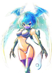 Rule 34 | 00s, 1girl, aqua eyes, aqua hair, bad id, bad pixiv id, blue eyes, blue hair, breasts, chatsubo (yaba-yaba), claws, curvy, digimon, digimon (creature), digimon frontier, elbow gloves, eyelashes, feathers, gauntlets, gloves, harpy, head wings, high collar, highleg, highleg panties, large breasts, mask, matching hair/eyes, midriff, monster girl, navel, panties, revealing clothes, short hair, shoulder pads, shutumon, simple background, solo, thigh gap, thighhighs, thong, underwear, wide hips, wings
