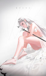 Rule 34 | 1girl, absurdres, arknights, blush, breasts, character name, closed mouth, earrings, feet, from side, full body, grey eyes, grey hair, highres, irene (arknights), jewelry, knees up, leiq, long hair, looking at viewer, panties, see-through, sideways glance, sitting, small breasts, solo, staff, thighs, underboob, underwear, veil, very long hair, white panties