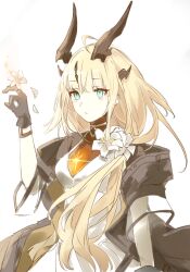 Rule 34 | 1girl, arknights, black gloves, black jacket, blonde hair, blue eyes, breasts, dragon girl, dragon horns, dress, flower, gloves, glowing, hair flower, hair ornament, highres, horns, jacket, joul 0704, official alternate costume, open clothes, open jacket, reed (arknights), reed the flame shadow (arknights), simple background, small breasts, solo, upper body, white background, white dress, white flower