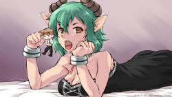 Rule 34 | 1boy, 1girl, bare shoulders, breasts, cleavage, demon girl, dress, fiend (juniper&#039;s knot), ge-b, green hair, highres, horns, juniper&#039;s knot, lying, male protagonist (juniper&#039;s knot), medium breasts, mini person, miniboy, mole, on stomach, open mouth, pointy ears, short hair, strapless, strapless dress, tongue, tongue out, wallpaper, wrist cuffs, yellow eyes