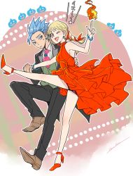 Rule 34 | :d, bare shoulders, black jacket, black pants, blonde hair, blue eyes, blue hair, bracelet, braid, breasts, camus (dq11), dancing, dragon quest, dragon quest xi, dress, earrings, fire, green vest, hair ribbon, holding hands, high heels, jacket, jewelry, leg up, magic, necktie, nidou (rechlo), aged up, one eye closed, open mouth, pants, pink neckwear, purple eyes, red dress, red footwear, ribbon, sleeveless, sleeveless dress, slime (dragon quest), small breasts, smile, spiked hair, sweatdrop, tuxedo, twin braids, veronica (dq11), vest