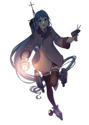 Rule 34 | 1girl, adapted turret, bad id, bad twitter id, black thighhighs, blue eyes, blue hair, blue neckerchief, cannon, coat, collared shirt, gloves, gradient hair, grey coat, highres, kantai collection, long hair, looking at viewer, machinery, multicolored hair, neckerchief, original remodel (kantai collection), samidare (kancolle), searchlight, shirt, simple background, smile, smokestack, solo, swept bangs, thighhighs, torpedo launcher, turret, uyama hajime, very long hair, white background, white gloves