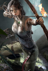 Rule 34 | 1girl, aiming, archery, banned artist, between breasts, bow (weapon), breasts, brown hair, cleavage, dirty, dirty clothes, dirty face, flaming arrow, holster, jewelry, lara croft, lips, medium breasts, parted lips, pendant, ponytail, solo, strap between breasts, sweat, tank top, thigh holster, tomb raider, tomb raider (reboot), weapon, zumi (zumidraws)