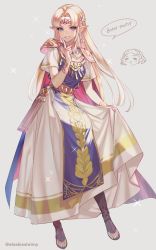 Rule 34 | 2girls, adapted costume, armor, bangle, bead necklace, beads, blonde hair, blue eyes, blush, bracelet, breasts, chibi, chibi inset, circlet, commentary, dress, dual persona, earrings, full body, gold, grey background, highres, index finger raised, jewelry, long hair, looking at viewer, multiple girls, necklace, nintendo, parted bangs, parted lips, pointy ears, princess zelda, sandals, short sleeves, shoulder armor, shuri (84k), simple background, skirt hold, small breasts, smile, solo focus, sparkle, speech bubble, straight hair, super smash bros., tabard, the legend of zelda, the legend of zelda: a link between worlds, the legend of zelda: breath of the wild, the legend of zelda: tears of the kingdom, twitter username, white dress