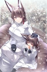 Rule 34 | 2girls, absurdres, age difference, aged down, amagi-chan (azur lane), amagi (azur lane), animal ears, azur lane, bag, bench, black gloves, breasts, brown hair, closed eyes, closed mouth, dated commentary, dress, eating, food, fox ears, fox girl, fox tail, gloves, hair ornament, handbag, highres, holding, holding food, large breasts, long hair, looking at another, multiple girls, park bench, petting, purple eyes, samip, sitting, smile, tail, taiyaki, wagashi, white dress